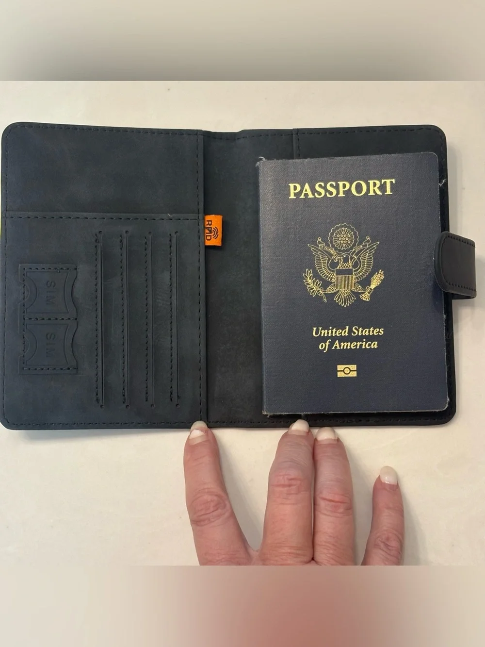 NEW Black Vegan Leather Slim Passport Holder RFID Blocking Embossed 7 pocket